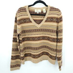 VTG 90s Bob Timberlake 100% Lambswool Intarsia V-neck Sweater M Tan/Brown